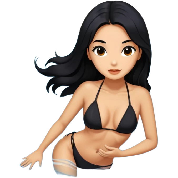 long black hair tanned woman, black bikini, in koi fish pond emoji