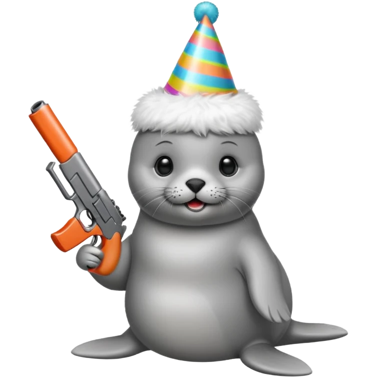 Baby seal wearing birthday hat holding a gun emoji