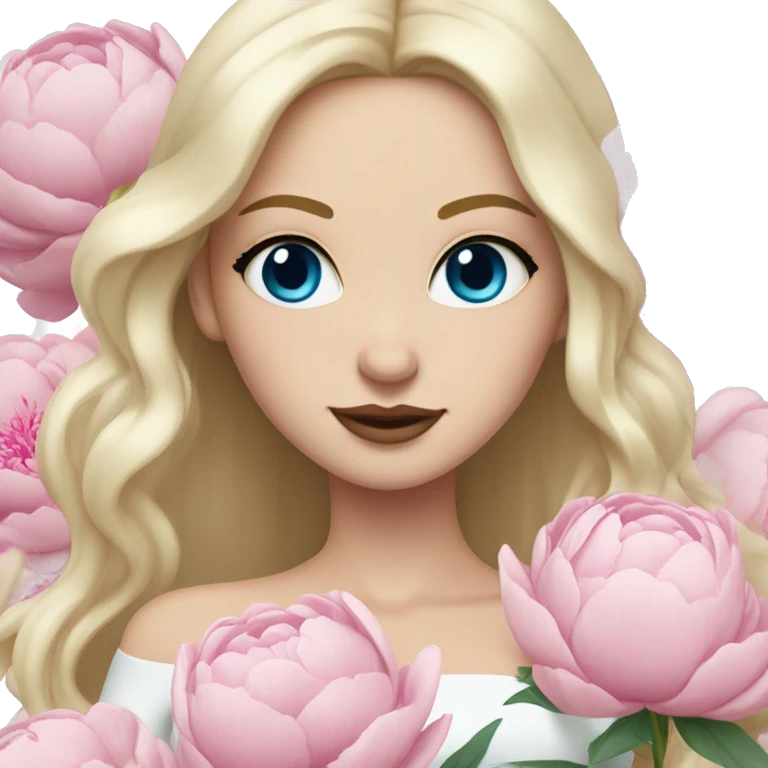 White bride with long light blonde hair and blue eyes with light pink peonies in hair white skin  emoji