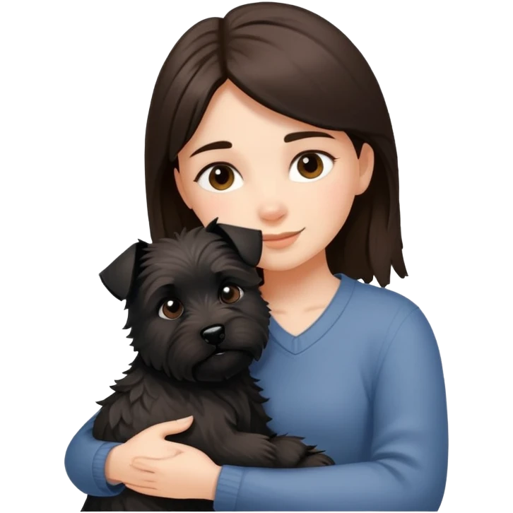 Brunette girl with black cairn terrier hug emoji
