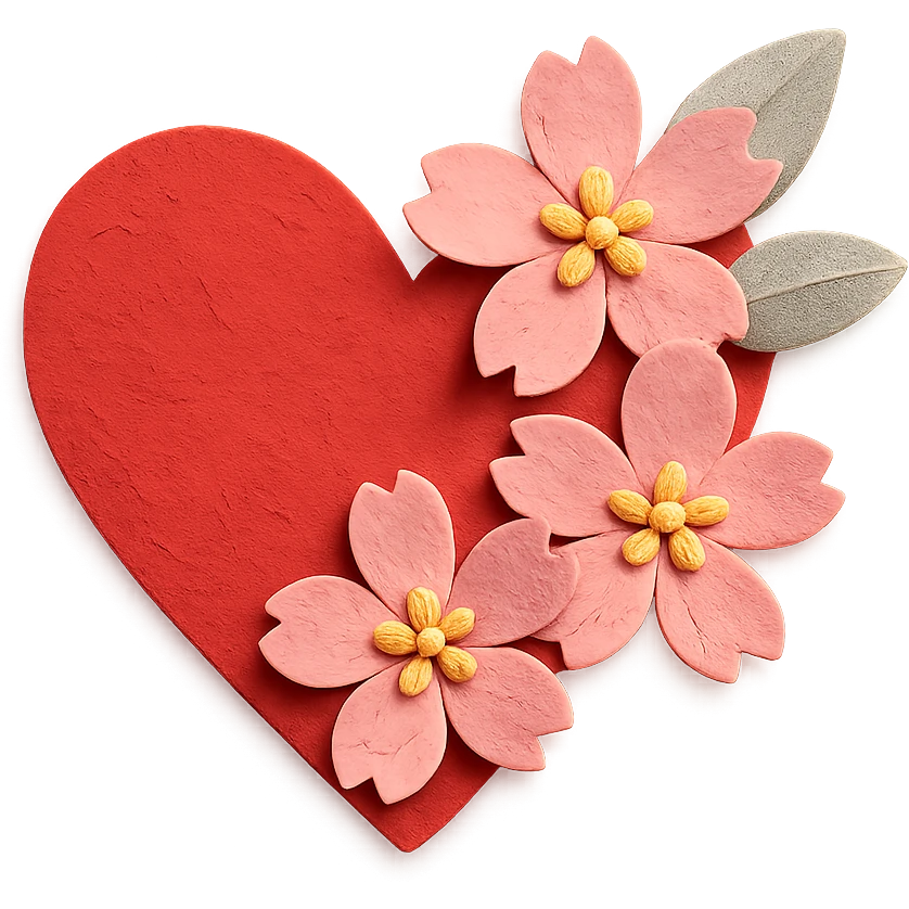heart with sakura and silver accents, paper craft style emoji