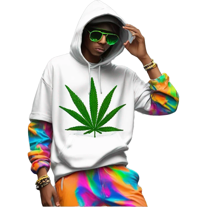 Hemp leaves Multicoloured neon person smoking wearing hoodie dancing hip hop bucket hat tropical Skater fashion aesthetic baggy clothes graphic t shirt 420 emoji