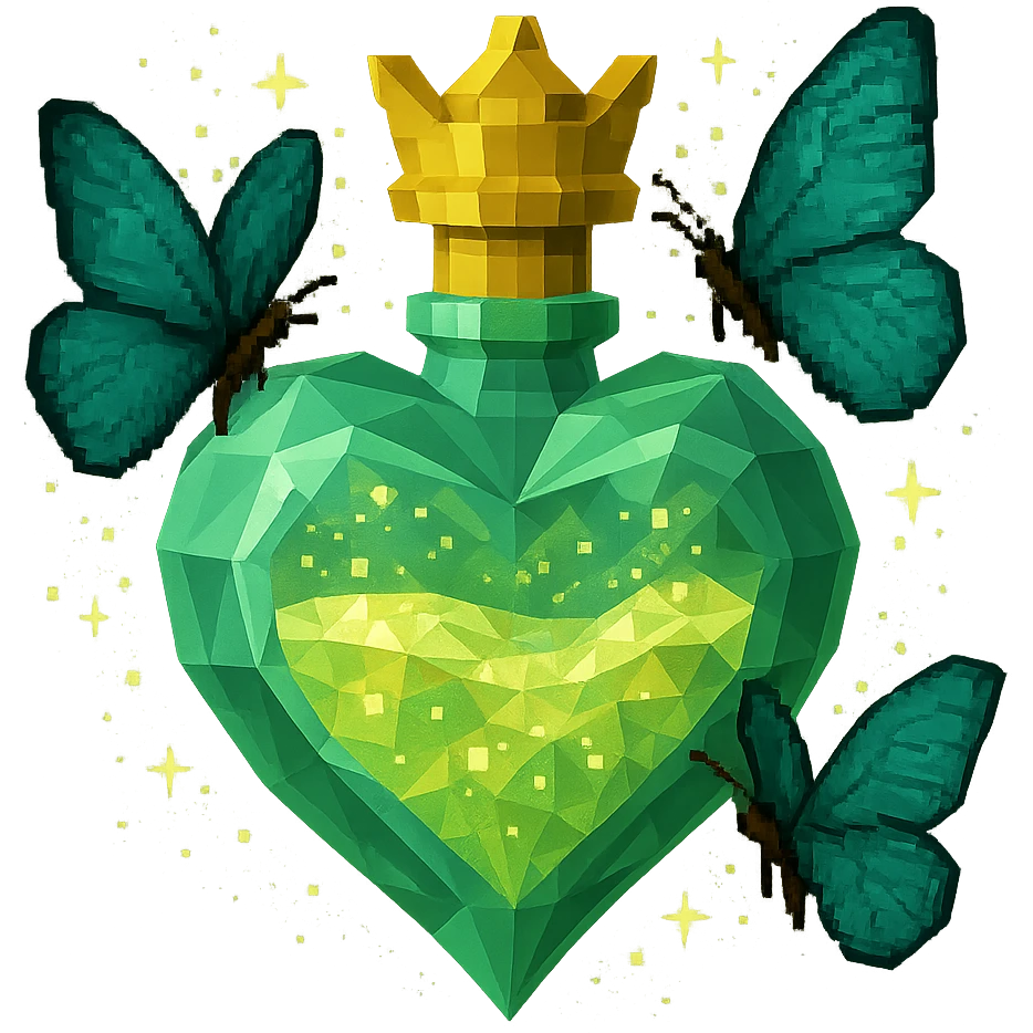 Change the bottle shape to a beautiful diamond-like heart with faceted surfaces, replace the neck with a small, elegant crown on top. Keep the inside filled with swirling, glittery liquid in #c0ff53 color, two butterflies, magical sparkling dust. Maintain a luxurious, 3D, impressive style with a transparent background. emoji