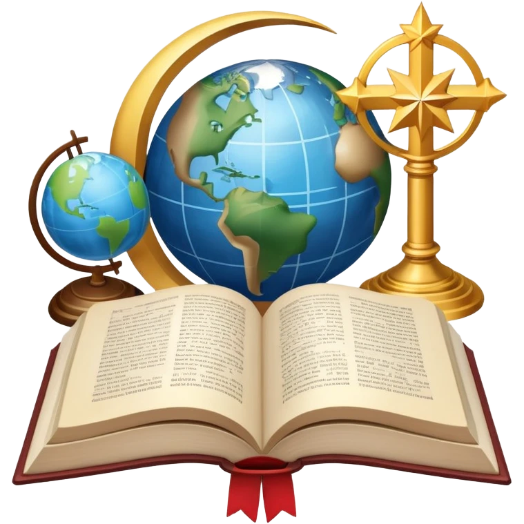 An icon featuring religious symbols like a cross, crescent moon, and star, alongside an open book, symbolizing the study of religion. The design includes a globe and a temple in the background, representing global faith traditions and spiritual exploration. Transparent background emoji