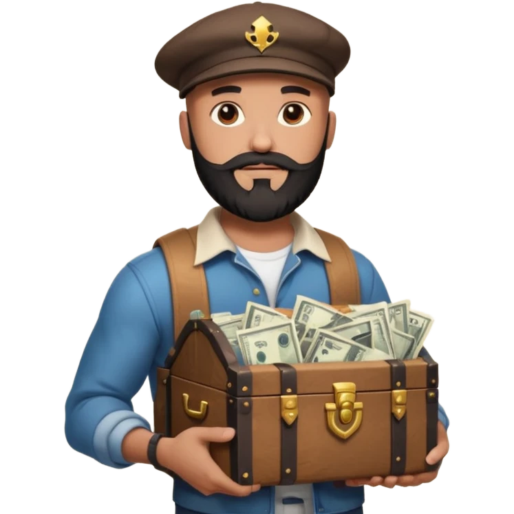 Strong bald man black beard snapback, holding treasure chest full of papers, Instagram logo glowing, dollar signs, minimalStrong bald man black beard snapback, holding treasure chest full of papers, Instagram logo glowing, dollar signs, minimal emoji