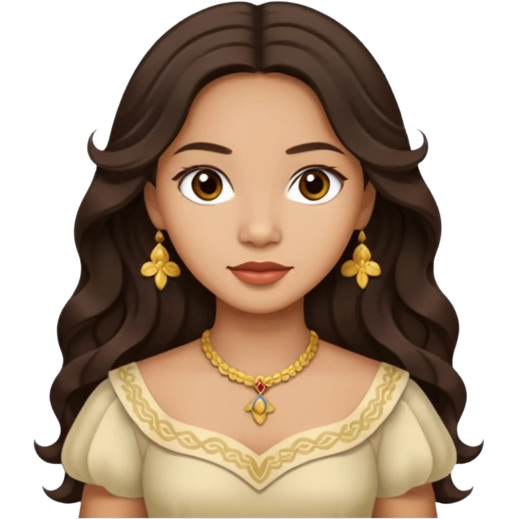 Tan Filipino woman with dark brown eyes and long dark wavy hair parted in the middle wearing a traditional filipiniana emoji