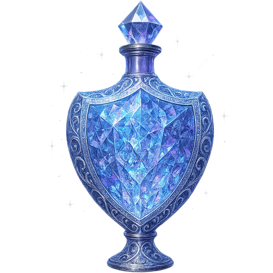 ultra luxurious crystal elixir bottle in shield shape, color #7986cb, multi-layered holographic and silver filigree, intricate crystal texture, magical glowing and sparkling effects, radiant light beams, very small neck, seamless ornate bottom, transparent background, bottle clearly floating in air, no base or shadow, not standing, modern, collection style, extremely beautiful and refined emoji