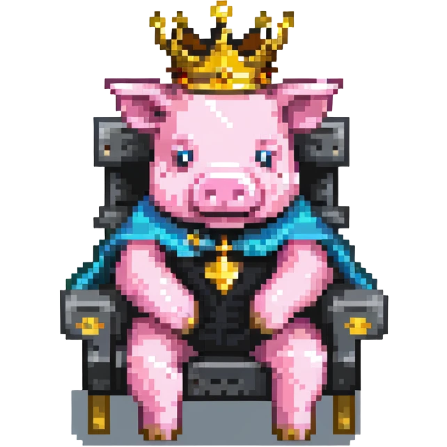 ultra-minimal pixel art pig with a golden crown sitting on a throne, blocky and square like Minecraft, inspired by Technoblade emoji