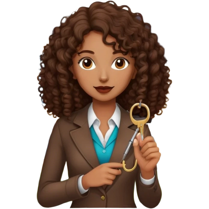 Dark brown lady with medium brown mid length curly hair in real estate job with house and keys emoji