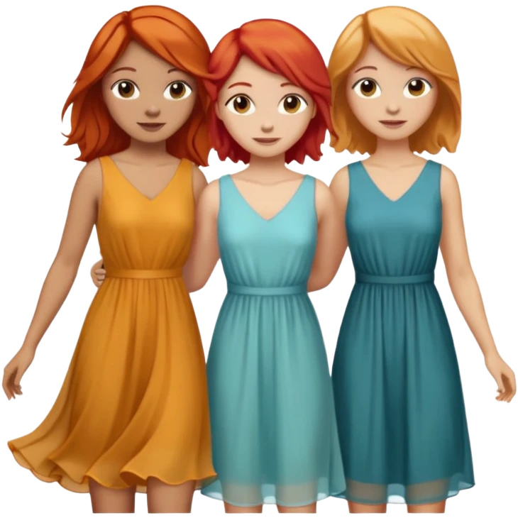 Can you create an image of 3 friends together one with red bright hair light skin one the other with brown hair with some blonde highlights in the hair fair skin the last one with light brown a tint of orange hair with flowy dresses emoji