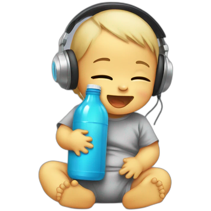 Baby crying with a steel bottle and headphones emoji