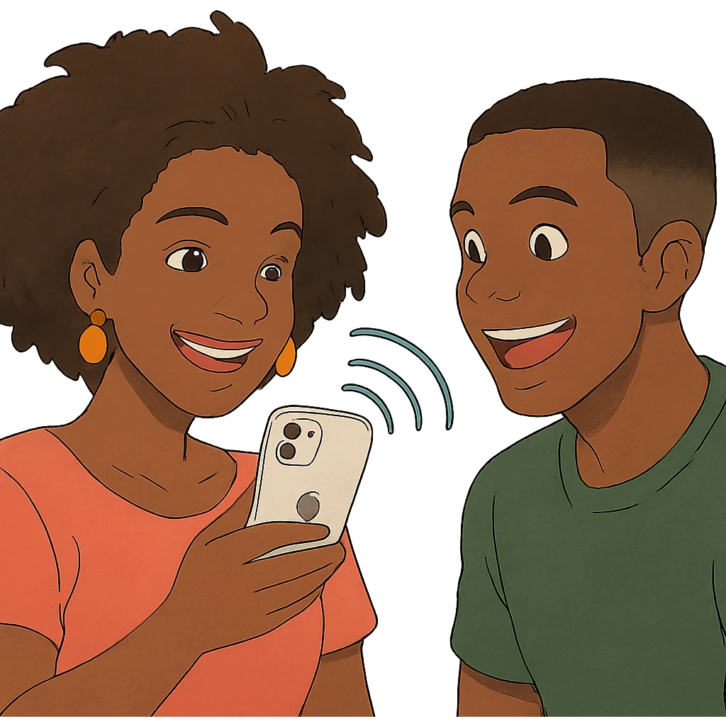 ghibli style Afro-Caribbean woman smiling, holding iPhone, sending footage to a Black man with a skin fade, both smiling emoji