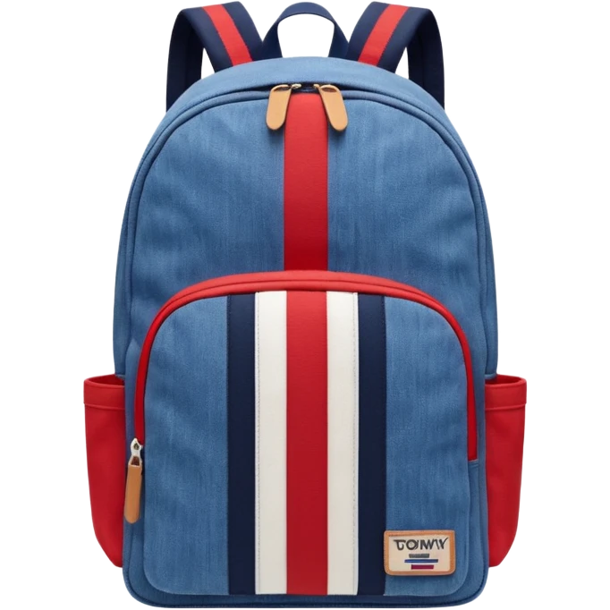 denim backpack with bold red, white, and navy vertical stripes, minimal and flat design, front view, inspired by Tommy Jeans style."
 emoji
