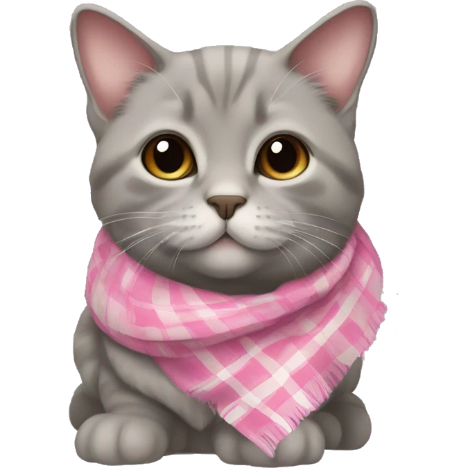 Gray Scottish lop-eared cat in a pink plaid scarf emoji