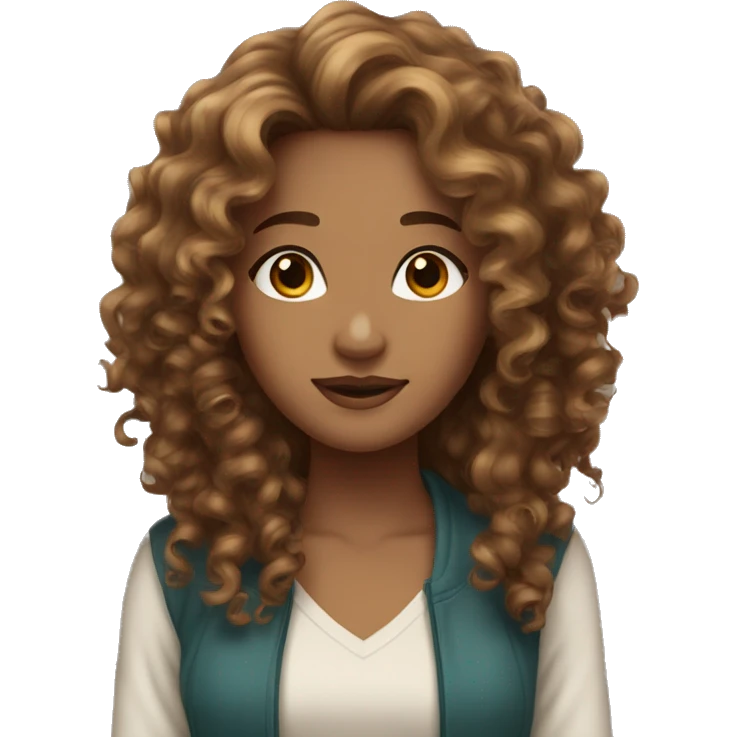 beautiful woman, curly long light brown hair, brown eyes emoji