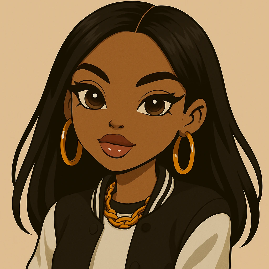 Remove the wink, keep both eyes open with a sassy attitude, headshot only, 20-year-old anime Bratz style woman with dark skin, straight hair, trendy streetwear, big expressive eyes, glossy lips, no hat, no tears, confident and playful expression, in anime Bratz style. emoji