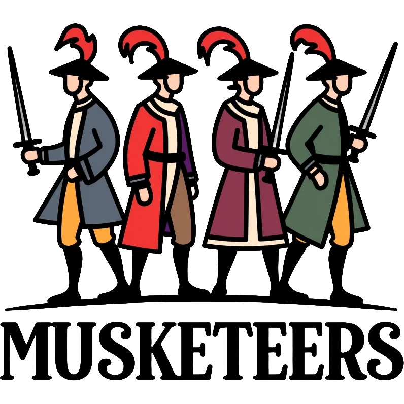 Four musketeers with feathered hats and swords with the text "4 Musketeers" emoji