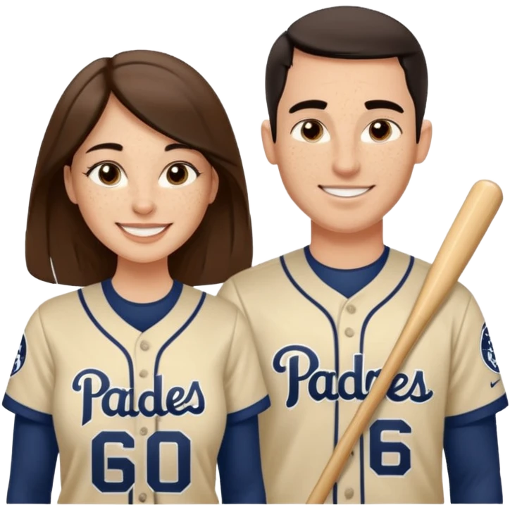 *White* Smiling couple. Woman has big cheeks and a lot of freckles on the nose. long brown hair. Man has black and very short hair and prominent eyebrows with egipcian nose. Both are wearing “Los Padres” baseball jerseys and with a sign that says “Go Padres!” emoji