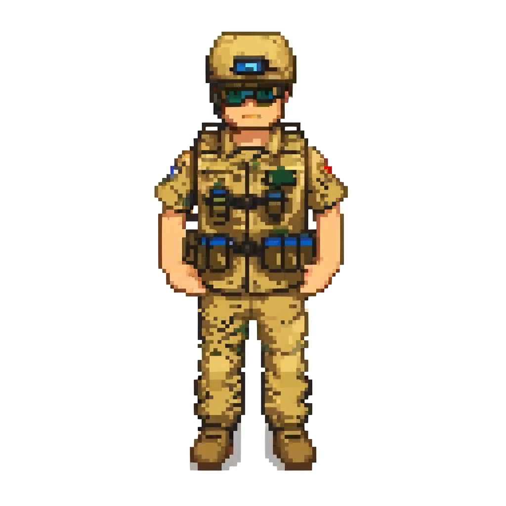 roblox military man, blocky style, desert camo uniform, tactical vest, holding binoculars, plain background emoji