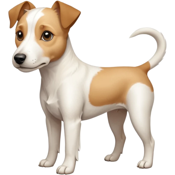 a full body facing front on of a buff white parson russell terrier looking dog the size of a kelpie with light brown long ears resting on its face and a light brown patch above one eye and a large snout. the rest of the dog is completely white.  emoji