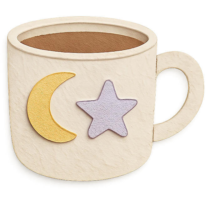 coffee cup with pastel moon and star doodles, hand-drawn style emoji