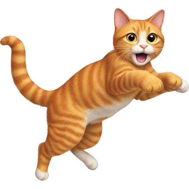 The ginger cat jumps to the right, tail up, paws forward. emoji