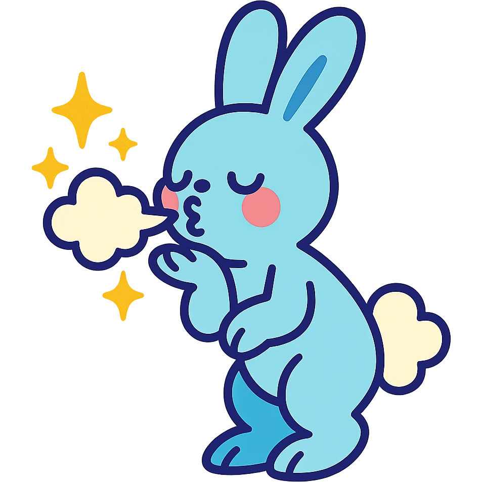 full-body pastel blue bunny with cloud, blowing a kiss with sparkles, vibrant-toon style emoji