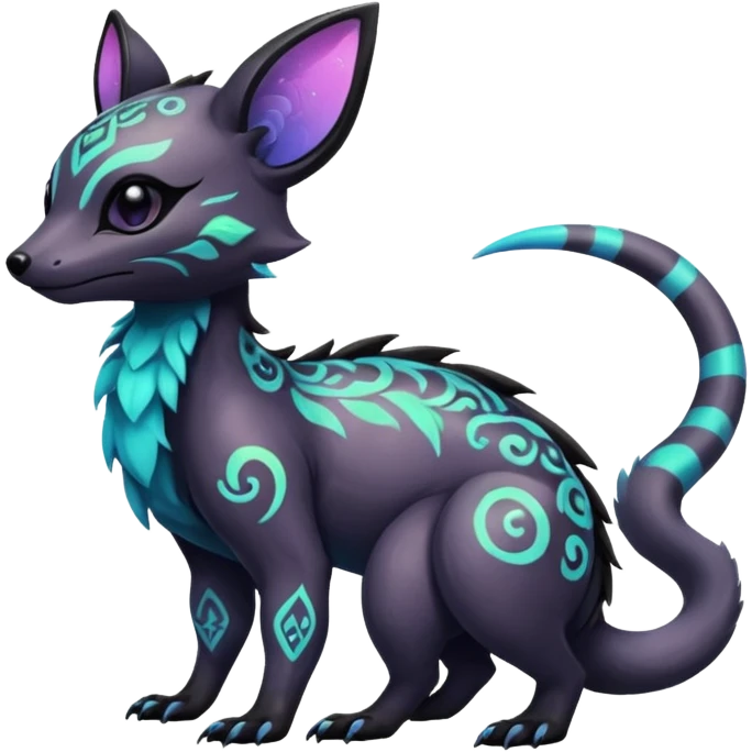 Rare neon iridescent white exotic cute epic aesthetic gothic colorful Salandit-Eevee-Civet-species-Fakemon-hybrid-creature, with intricate tattoo markings, full body emoji