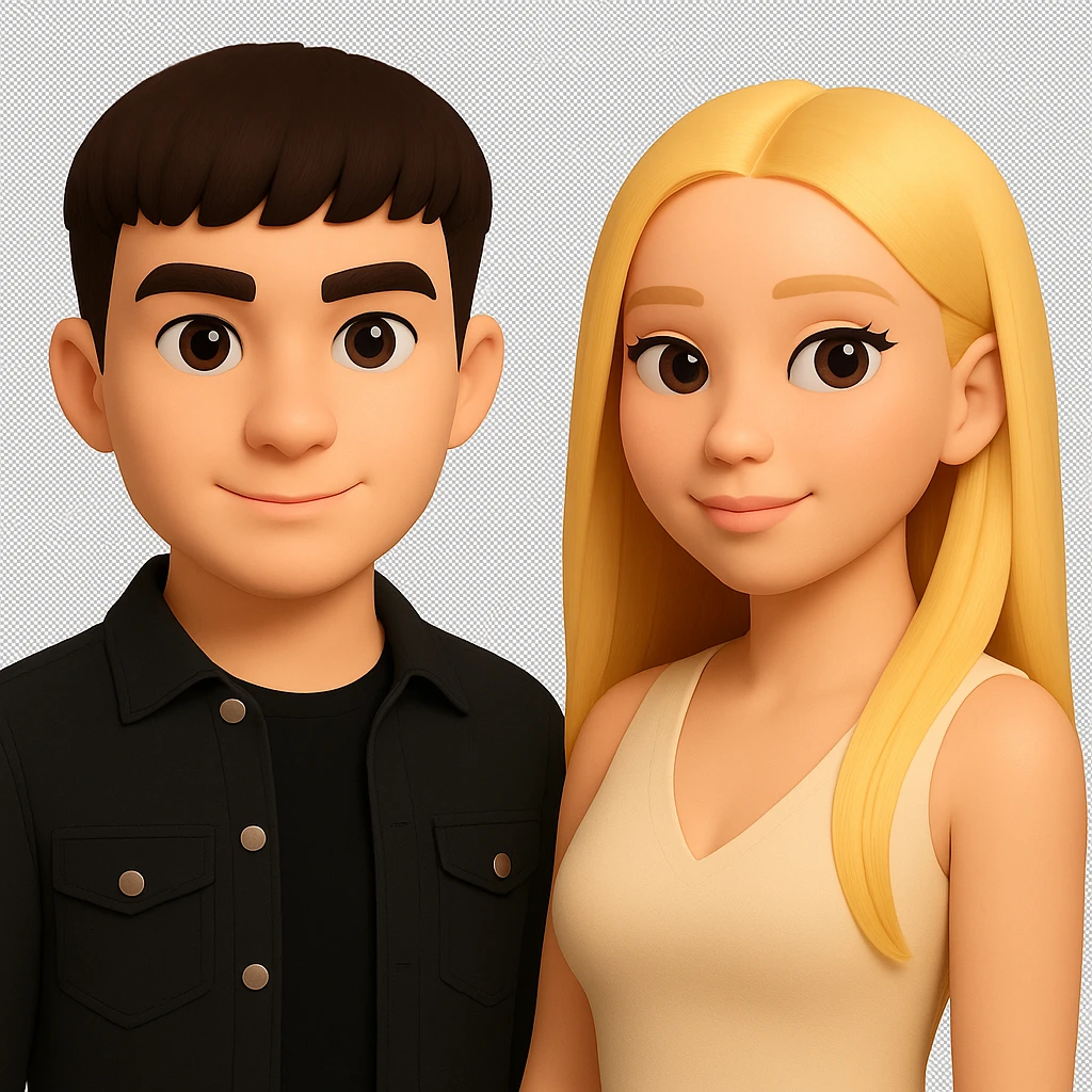 Slightly increase the volume of the upper body of the girl, separate the girl and the boy from each other, make the skin color the same for both characters. Maintain the cartoonish 3D style and keep the background transparent. emoji