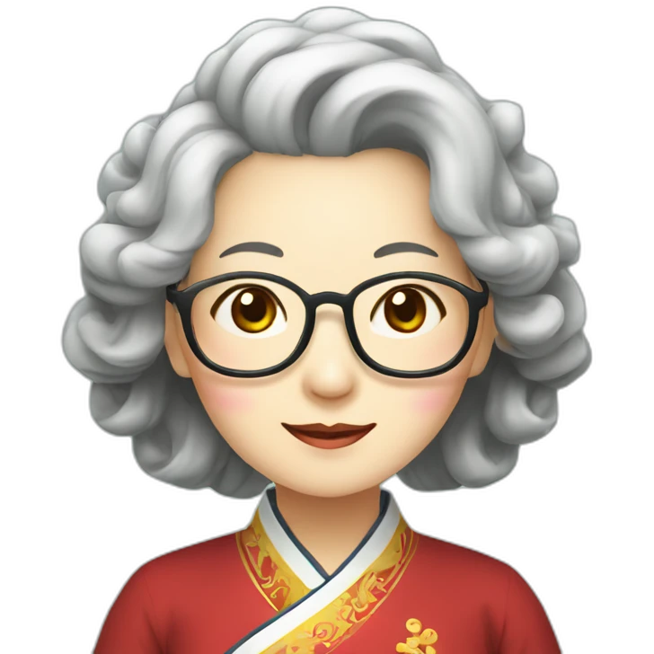 Chinese seniors lady wear glasses has wavy long hair wear Chinese traditional dress show appreciation sign emoji