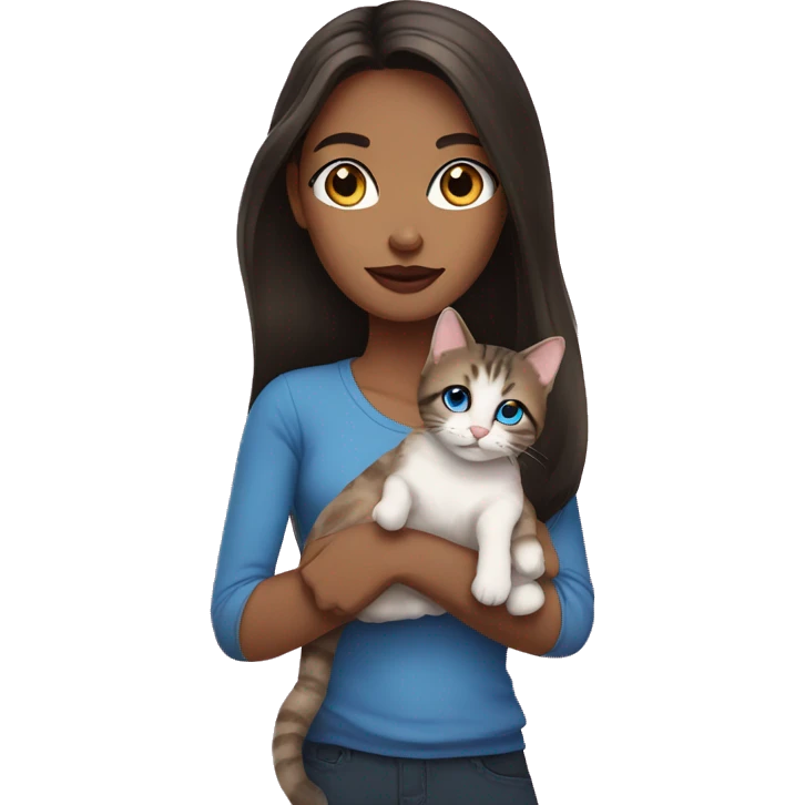 Woman with dark long hair, pink lips and blue eyes holding a tabby cat  emoji