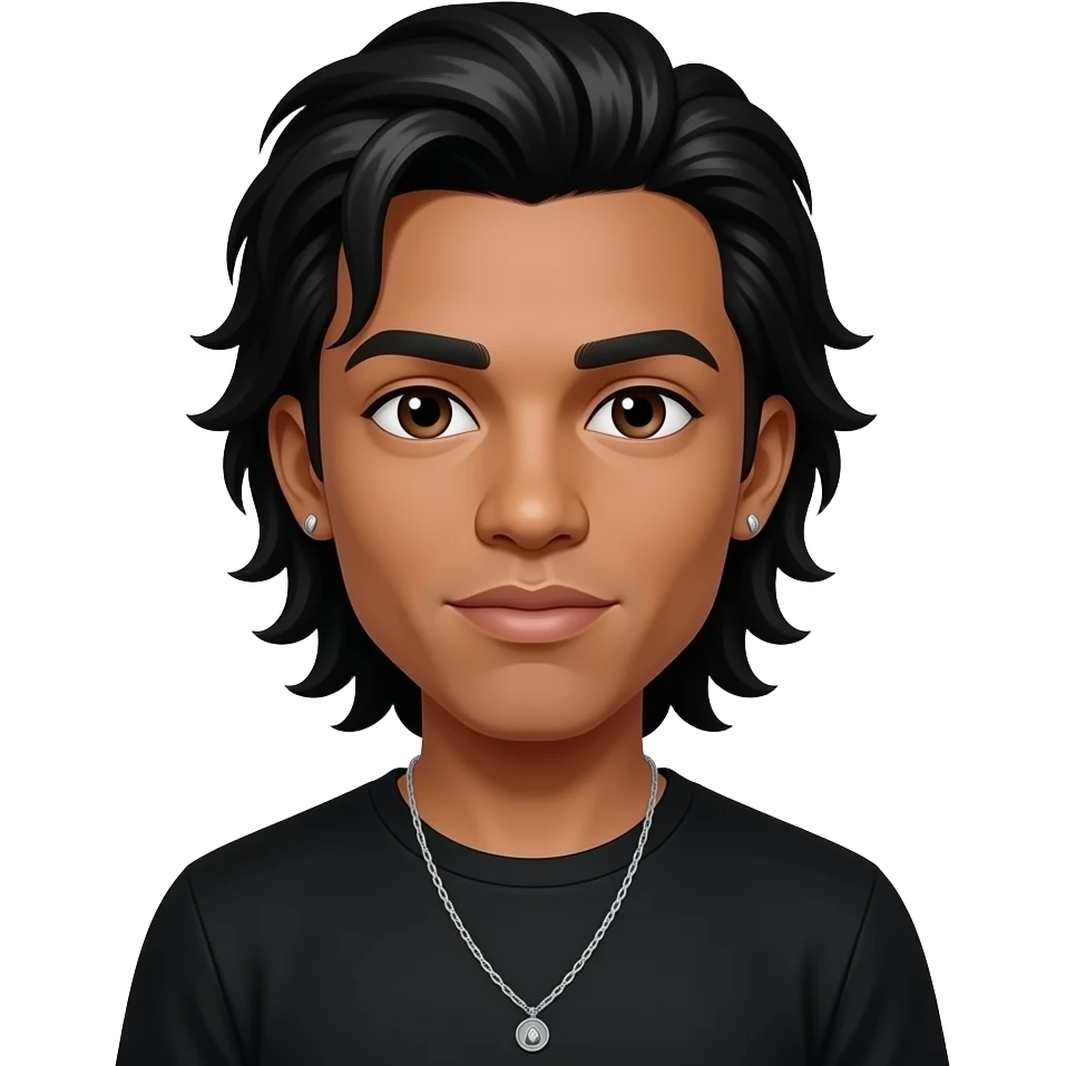 Ray Ray from Mindless Behavior with dark skin, dark brown eyes, long black hair, black t-shirt, necklace and earrings emoji