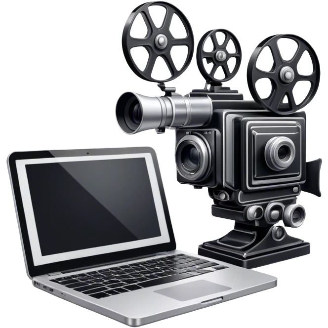 Create an emoji representing screenwriting. The design should feature an open script with visible dialogue and action lines, symbolizing the writing of a screenplay. Add a movie camera next to the script to emphasize the cinematic aspect of screenwriting. Include a classic typewriter or a modern writing device, such as a laptop, to signify the process of creating a script. Use a professional color palette with black, white, and subtle metallic tones. Do not include any emojis or smiley faces. Make the background transparent. emoji