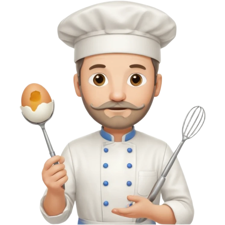 Middle aged male pastry chef - with a small beard, apron, white hat, and holding an egg beater in his hand emoji