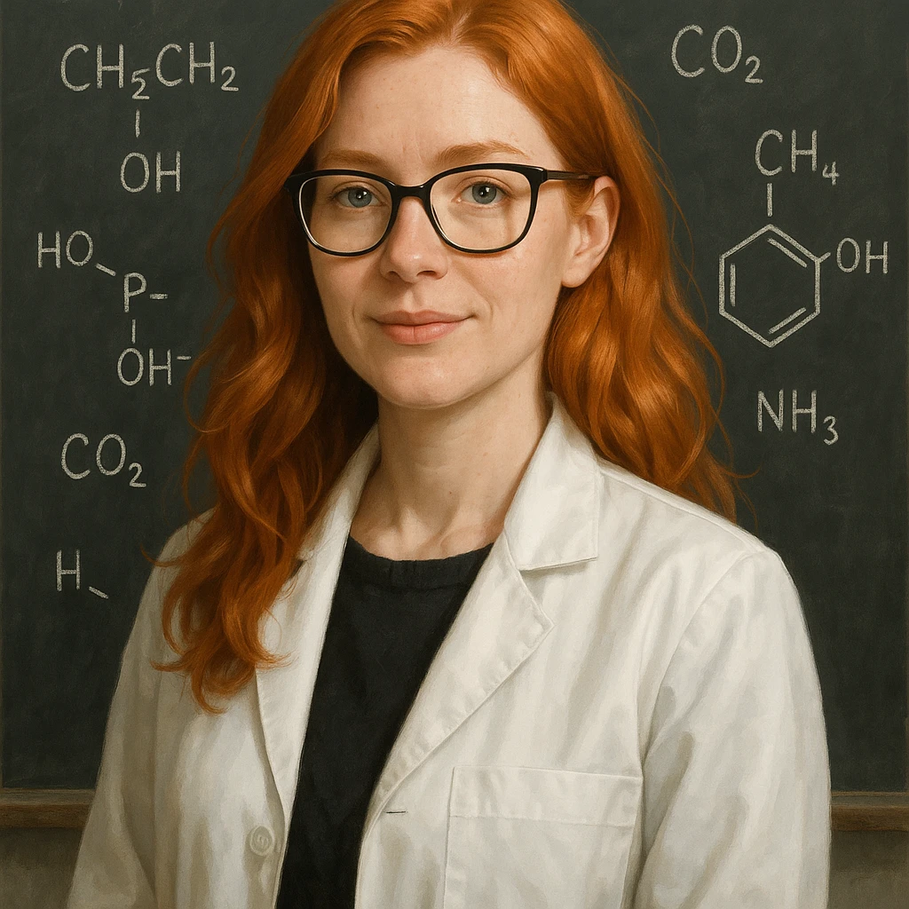 red-haired female chemistry professor wearing white lab coat and glasses, blackboard background with chemical formulas, semi-realistic style emoji