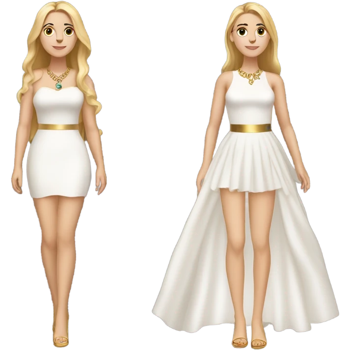 do a white girl with dark long and straight honey hair dark eyes and gold jewelry, full body legs arms and a white dress emoji