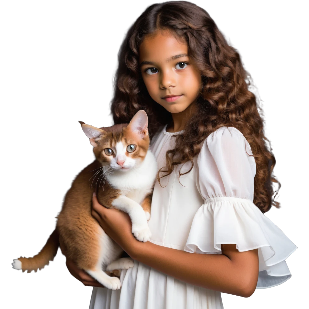 beautiful girl with curly long brown hair wearing a white dress holding an Abyssinian cat with reddish-brown fur in her arms emoji