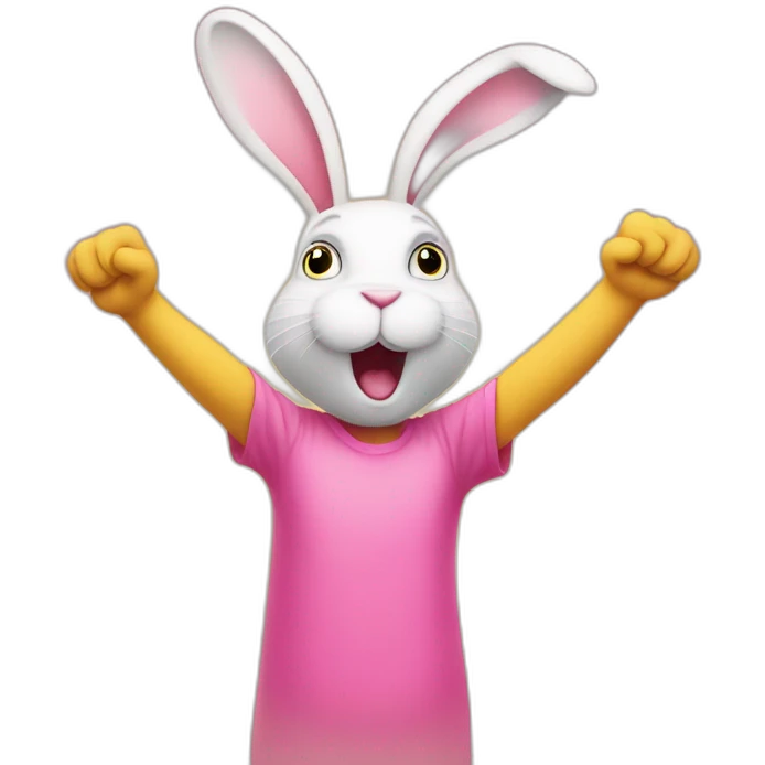 confused pink rabbit in yellow teeshirt raising arms emoji