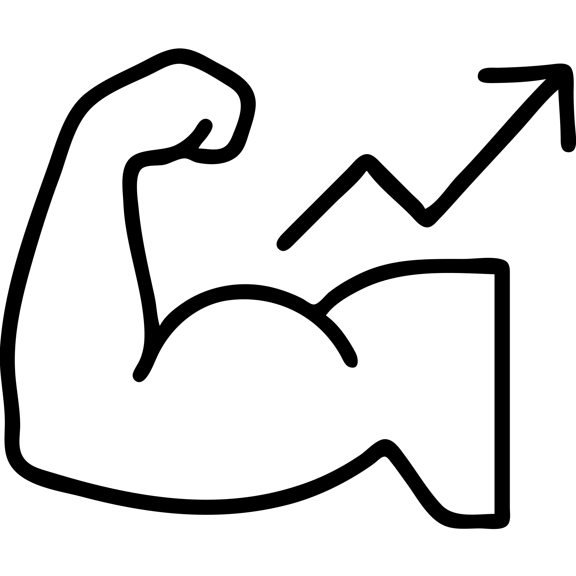 outlined icon of a strong arm with a rising arrow graph, representing getting stronger emoji