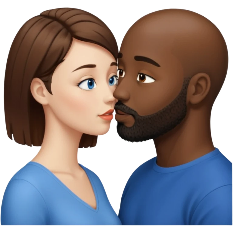 There is a white woman with short brown hair and blue eyes and a black man with no hair and a beard. The woman is giving a kiss to the forehead of the man emoji