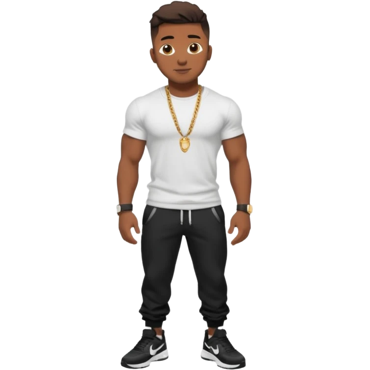 Handsome Black guy with brown skin tone, with muscular build, wearing black sweatpants, a white t-shirt, black Nike air max, a small chain, and a watch  emoji