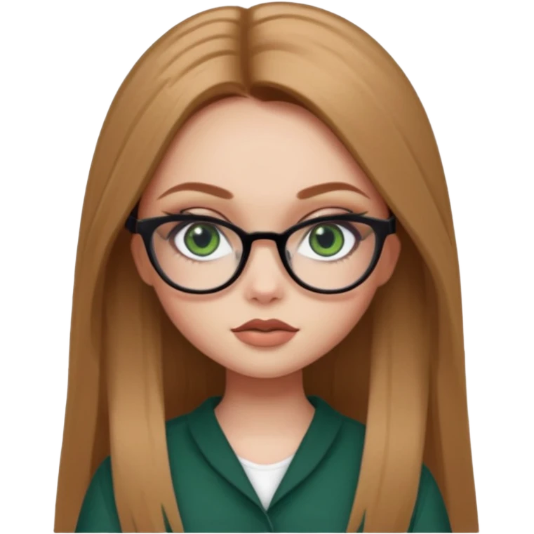 pretty bratz baddie, light brown straight hair, dark green eyes, glasses, pretty eyeliner, pale skin emoji
