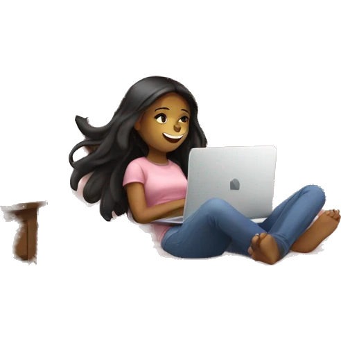 A girl on her bed, with her cat on her laptop emoji