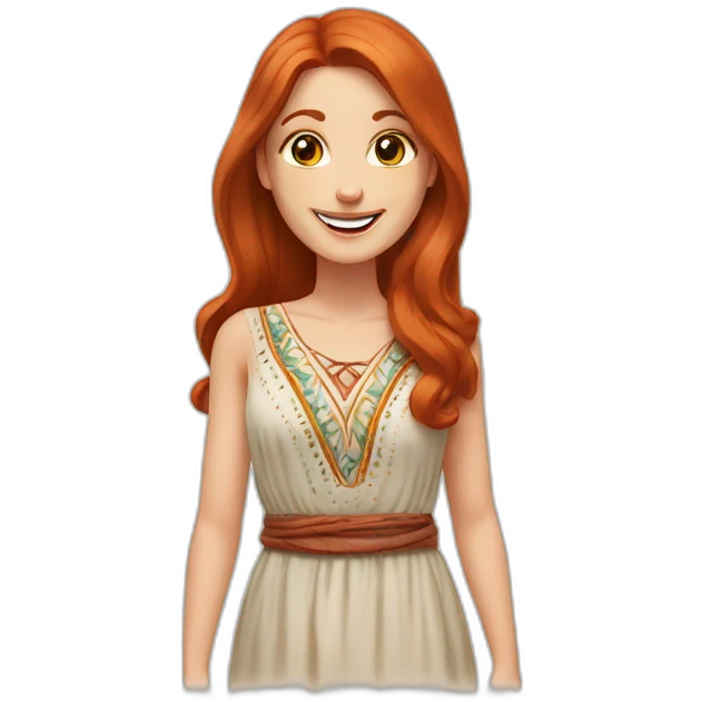 redhead white woman medium long straight hair, greets smiling, wearing boho dress emoji