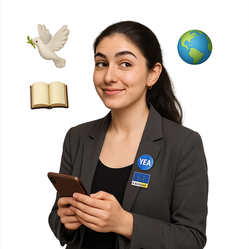 A kind, passionate young woman from Gyumri with expressive brown eyes, long dark hair tied back, wearing a smart-casual blazer with a YEA or EU4Youth badge, holding a notebook or phone. Her expression is friendly, thoughtful, and a bit playful. Around her head float subtle emoji-like symbols: a dove representing peace, a book representing education, and a globe representing international dialogue. emoji