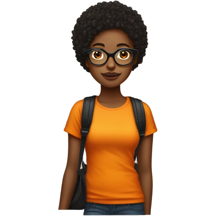 Une fille avec une calvitie et elle port un t-shirt orange et porte aussi des grosse lunette noir emoji