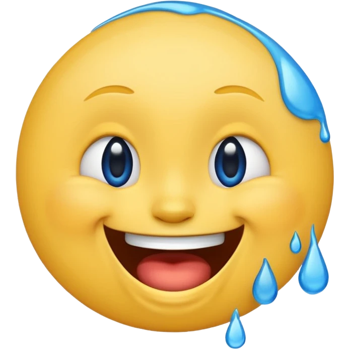Emoji, yellow round laughing tilted head face sideways with blue tears of fun emoji