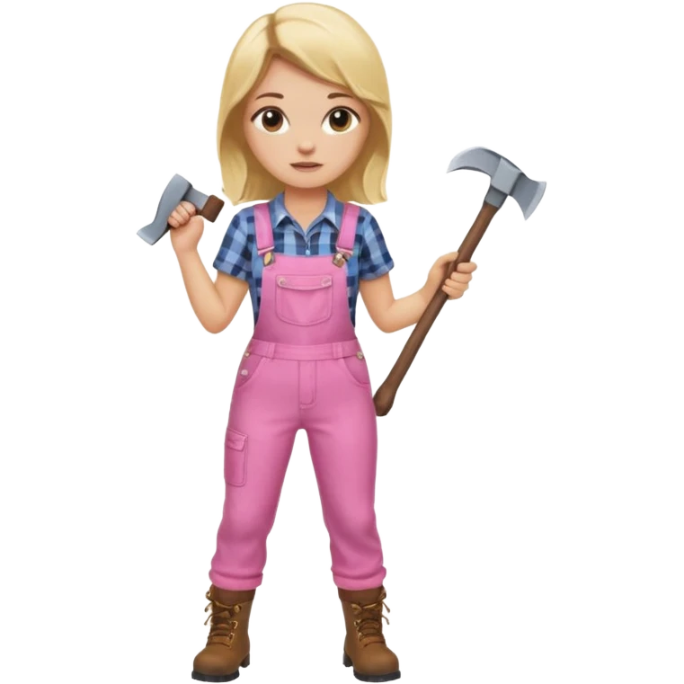 lumberjack blonde woman holding axe pink checked shirt and overalls emoji