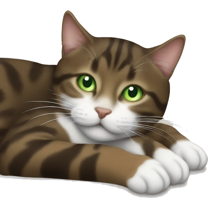 Dark brown tabby spotted cat with white paws, green eyes and white neck sleeping  emoji