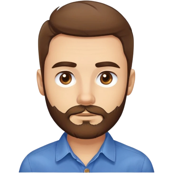 Head portrait of Puerto Rican actor René Monclova. Round face, wide jaw, light complexion. Expressive brown eyes, thick eyebrows. Short brown hair. Unkempt beard, medium length and brown. Friendly expression. Wearing a blue button-up shirt. emoji